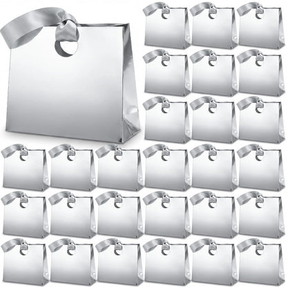 Feifeiya 30 Pcs Small Silver Gift Bags with Ribbon Handles 7.87" x 3.54" x 7.09" Bulk Paper Goodie Bags for Birthday Wedding Bridal Baby Shower Party Favors