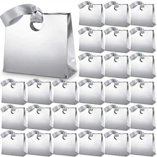 Feifeiya 30 Pcs Small Silver Gift Bags with Ribbon Handles 7.87" x 3.54" x 7.09" Bulk Paper Goodie Bags for Birthday Wedding Bridal Baby Shower Party Favors