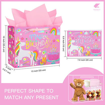 WRAPAHOLIC 13" Large Unicorn Birthday Gift Bag with Card and Tissue Paper - Rainbow Foil Unicorn Paper Bags for Baby Girl Shower and Birthday