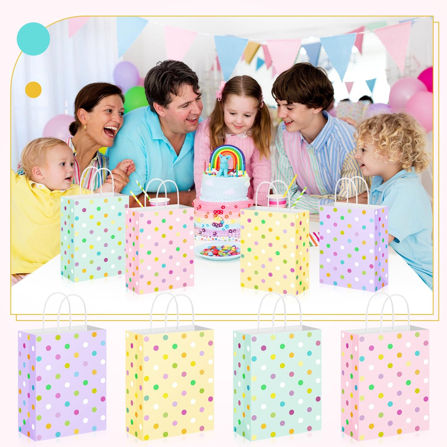 Humyoun 24 Pcs Pastel Paper Gift Bags with Handles, Pastel Dots Goodies Treat Candy Bags for Holiday Party Favor Gift Wrapping Baby Shower Wedding Birthday Party Supplies