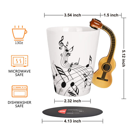 Maustic Guitar Mug, Guitar Gifts for Guitar Players, Music Teacher Gifts, Christmas Birthday Gift for Music Lovers, Ceramic Mug 13 Oz with Vinyl Record Coaster (Acoustic Guitars)