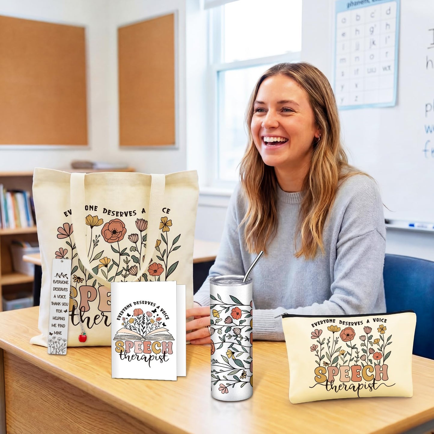 Geiserailie 6 Pcs Speech Therapy Gifts Speech Language Pathologist Appreciation Gifts Set with 20 oz Tumbler Tote Makeup Bag Card Pen for SLP Assistant Therapist Pathologist