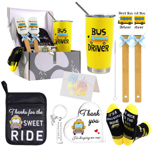 9-Piece School Bus Driver Appreciation Gifts - 20oz Heart-Shaped Tumbler Cup, Acrylic Heart Thank You Gifts, Bus Driver Pot Holder, Heat Resistant Oven Pads, Silicone Spatula