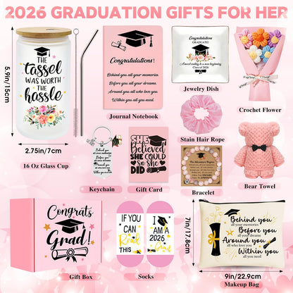 12 Pieces 2026 Graduation Gift Box Set, Class of 2026 Graduation Gift Basket with 16 Oz Glass, Socks, Bear Towel, Journal Notebook, Makeup Bag, Bracelet, Keychain for High School College Gifts