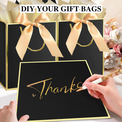 GEGIBOA Gift Bags 3 Pcs Medium Size Paper Gift Bags with Tissue Paper and Handles,Bow Ribbon and Greeting Cards, 8" x 5" x 10", Black