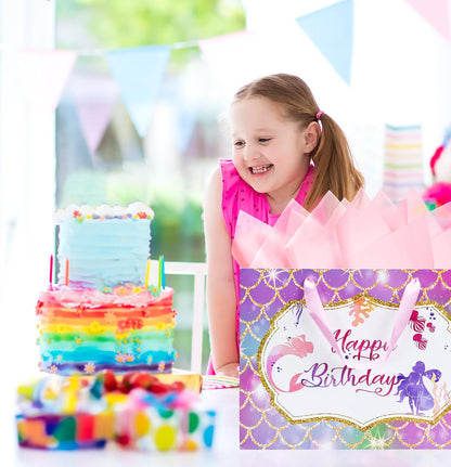 MUNILAIL 13 Inches Large Mermaid Birthday Gift Bag for Girls With Handle, Tissue Paper and Greeting Card - Mermaid Theme Party