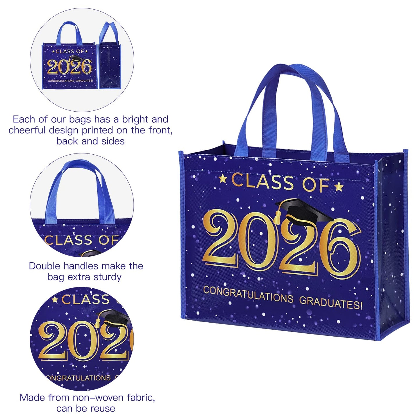 WRAPAHOLIC Large Reusable Graduation Gift Bag with Handles - 10 x 5 x 13 inch - Gold Foil 2026 Graduate Gift Bag