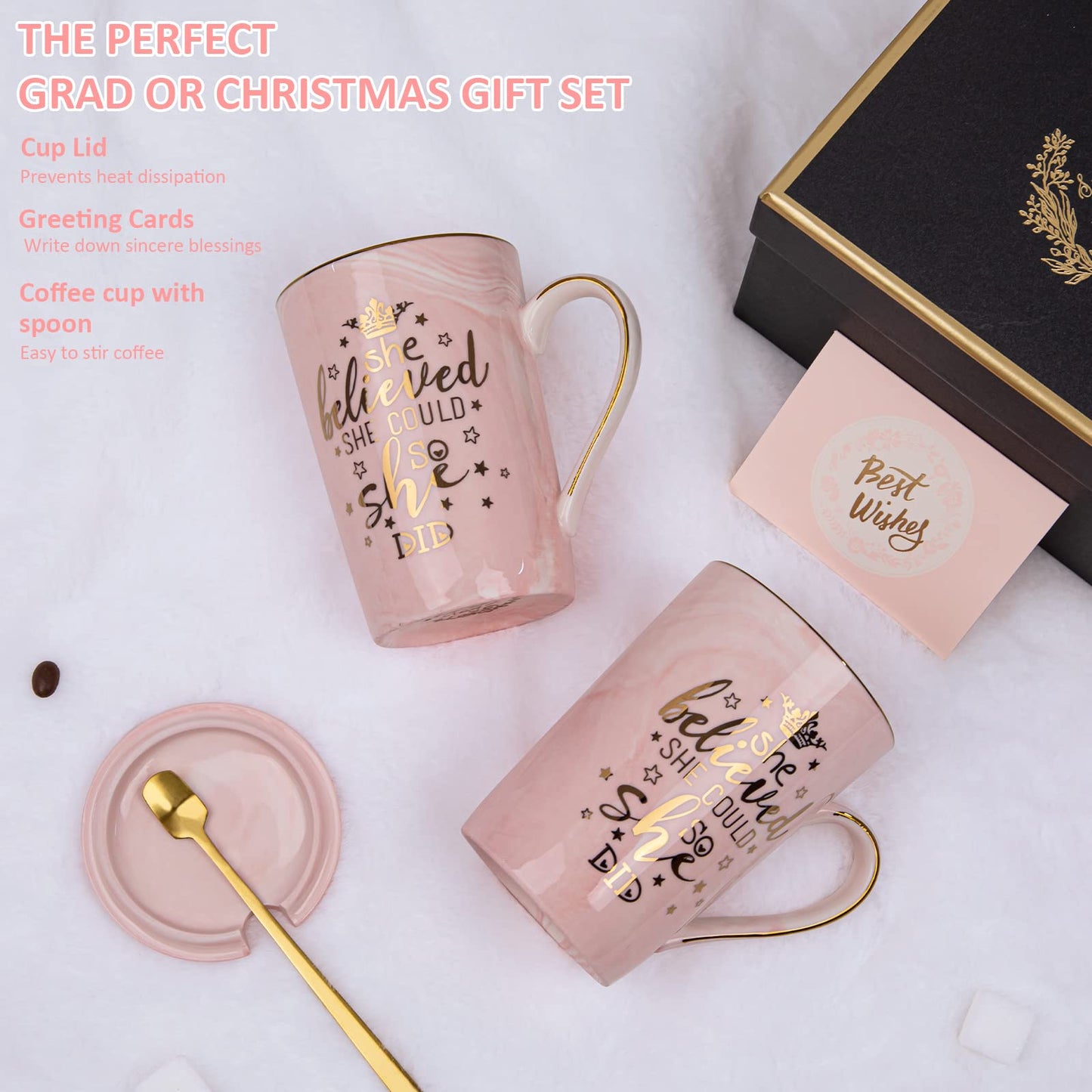 Graduation Gifts for Her 2026 - She Believed She Could So She Did Mug - Valentines Spiritual Motivational Congratulations Gifts for Women, 14oz Pink Ceramic Marble Gold Print Coffee Cup, Nicely Boxed