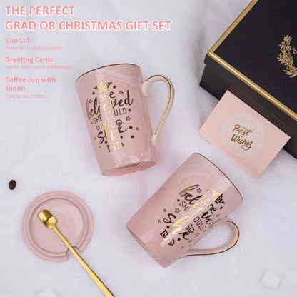 Graduation Gifts for Her 2026 - She Believed She Could So She Did Mug - Valentines Spiritual Motivational Congratulations Gifts for Women, 14oz Pink Ceramic Marble Gold Print Coffee Cup, Nicely Boxed
