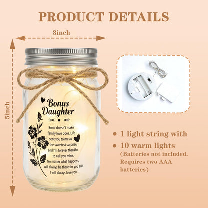 Bonus Daughter Mason Jar Night Light, Bonus Daughter Birthday Gifts from Stepmom, Step Daughter Gifts, Best Step Daughter Gift Idea for Birthday Christmas Comfort Decor