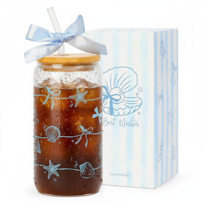 Ocean Animals Glass Cup with Lid and Straw, 16oz Iced Coffee Cup Tumbler Beach Gifts for Women Teen Girls Valentines Gifts for Mom Wife Sister Friends Colleagues Beach Lovers