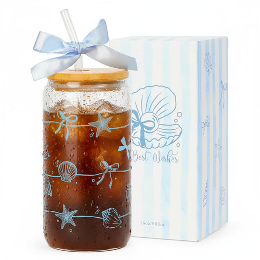 Ocean Animals Glass Cup with Lid and Straw, 16oz Iced Coffee Cup Tumbler Beach Gifts for Women Teen Girls Valentines Gifts for Mom Wife Sister Friends Colleagues Beach Lovers