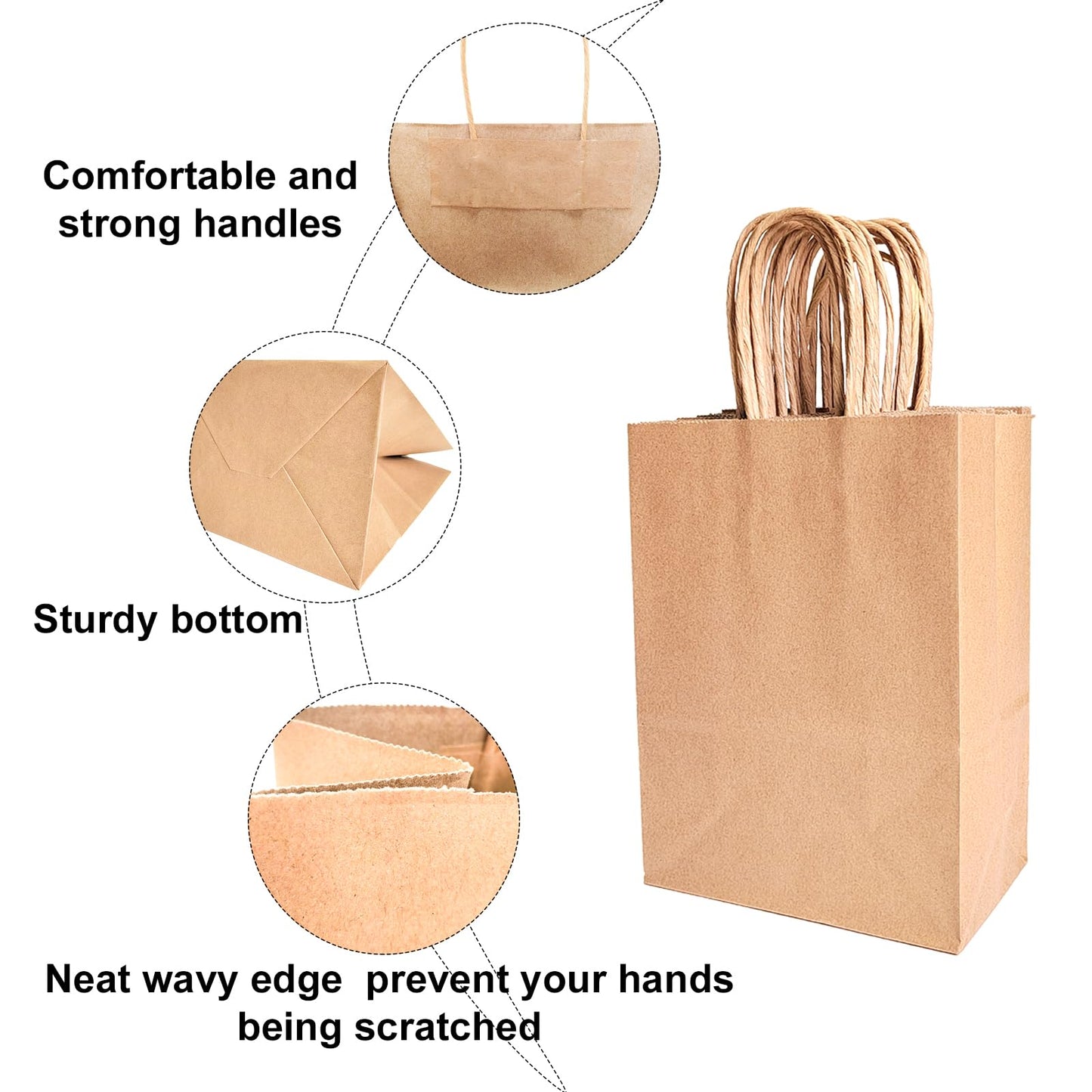 BAG BOX 100 Pcs Medium 8.25x4.3x10.6 Inch Brown Kraft Paper Gift Bags with Handles for Bulk Wedding, Party Favors, Grocery, Shopping, Retail Merchandise, Gift Sacks