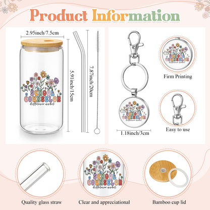 Kacctyen School Counselor Gift for Women School Counselor Makeup Bag with Keychain 17 oz Glass Cup with Lid and Straw Appreciation Gifts