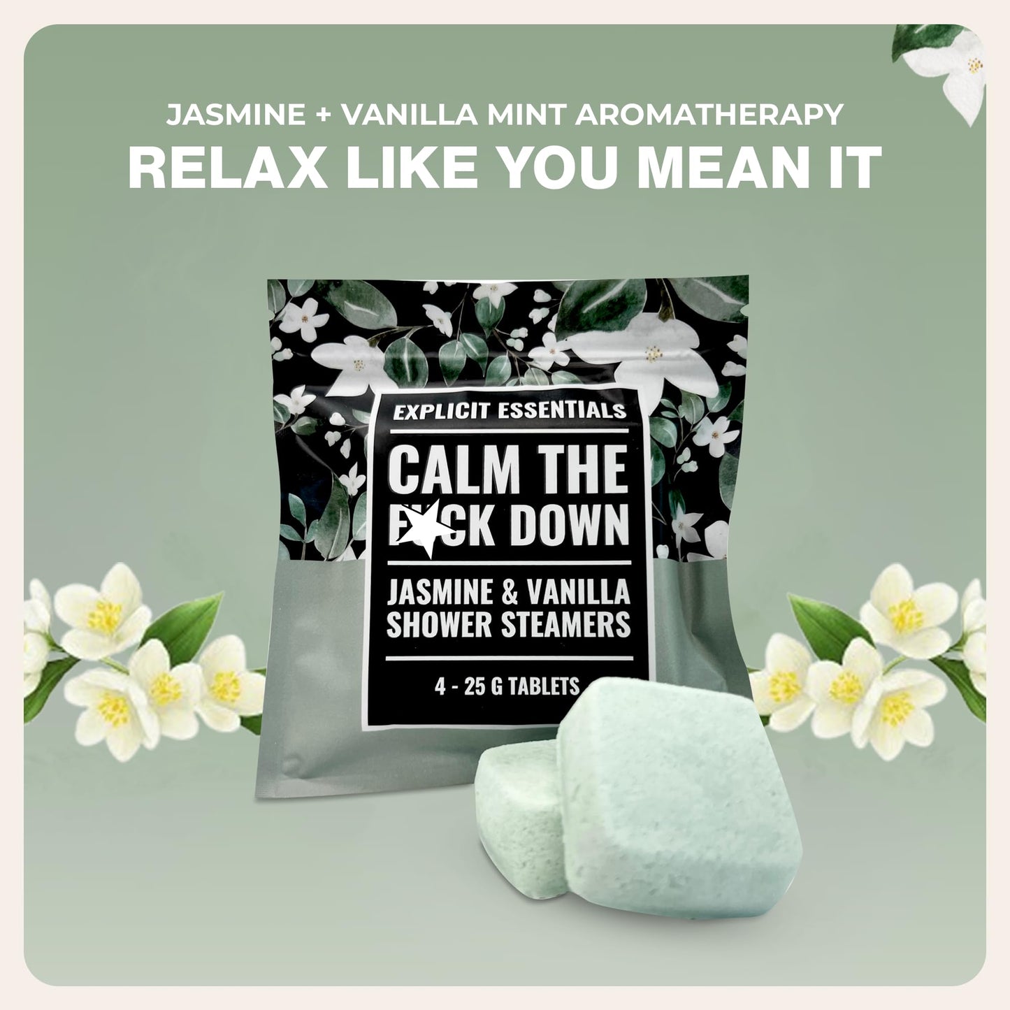Explicit Essentials Calm The F Down Shower Steamers | Jasmine Vanilla Aromatherapy Shower Steamers for Relaxation & Stress Relief | Spa Shower Gift for Self-Care, Birthdays & Holidays