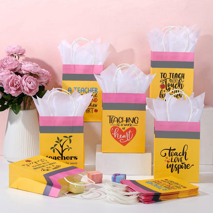 Motipuns 20 Sets Teacher Appreciation Gift Bags with Handles and Tissue Paper Best Teacher Ever Kraft Bags Thank You Gift for End of School Graduation Classroom Retirement, 5.9 x 3.15 x 8.27 Inch