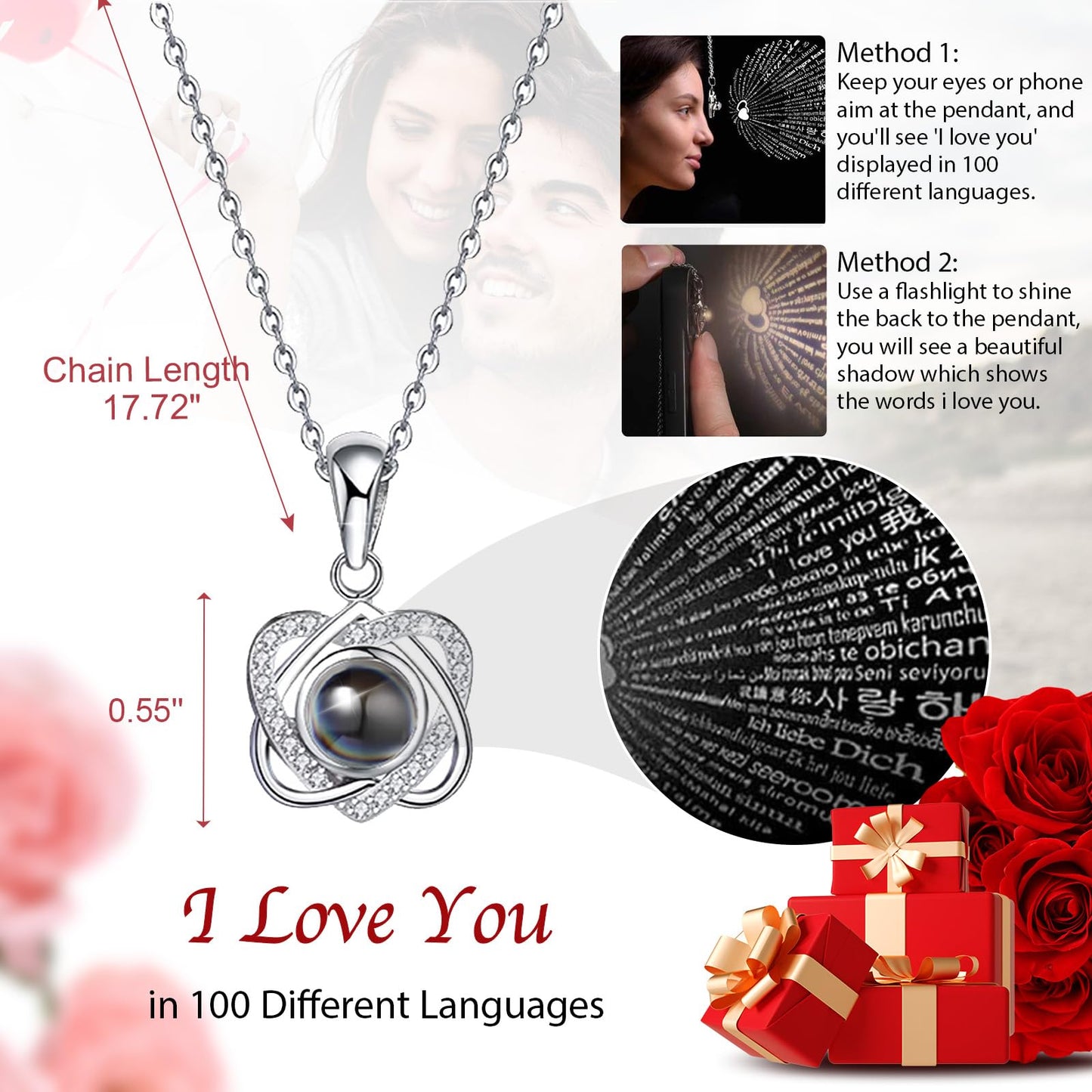 Rotating Preserved Real Rose Gift Box with I Love You Necklace – Spherical Eternal Flower Gifts for Mom, Wife, Grandma, Girlfriend – Forever Love Women Gifts for Christmas, Valentine’s Day (Red)