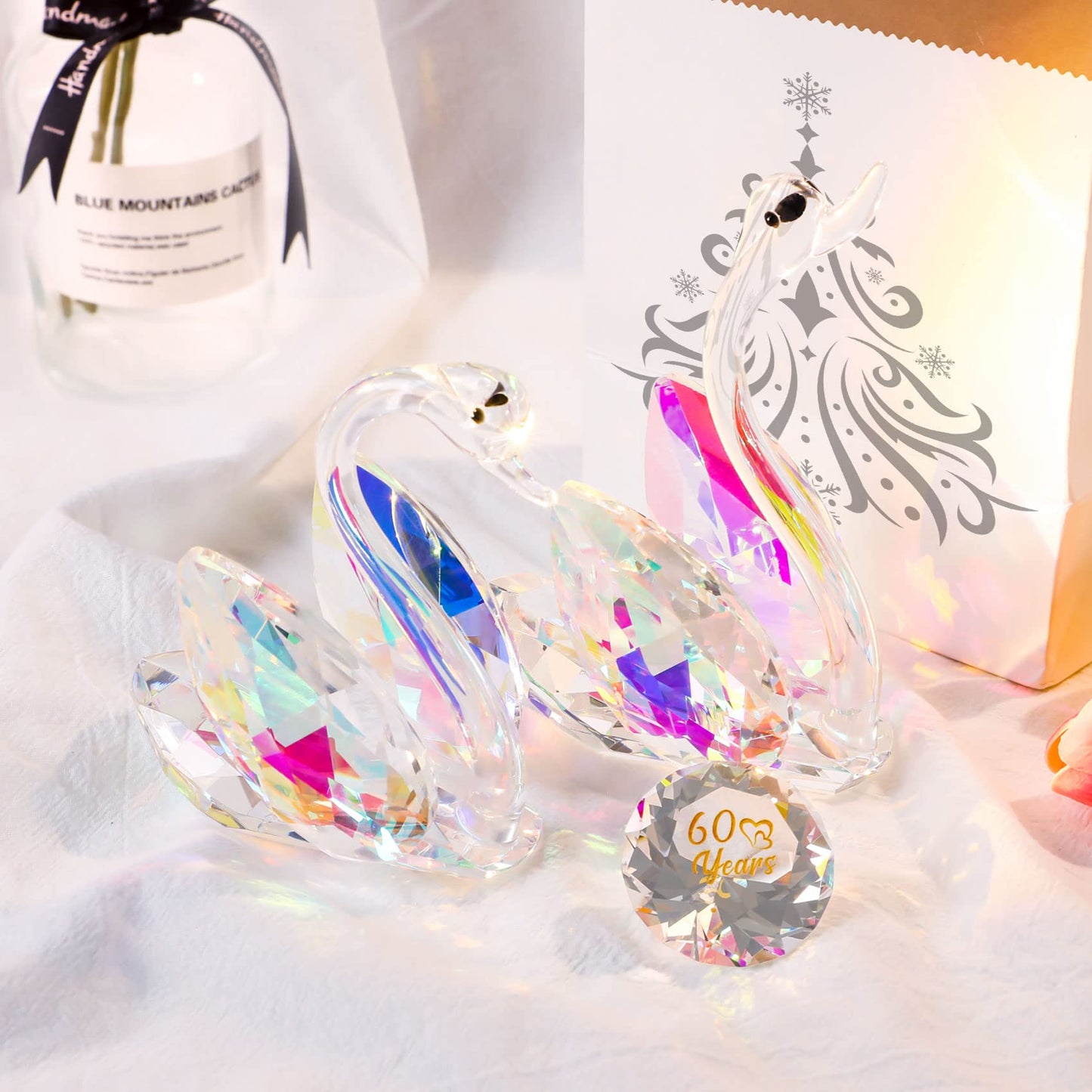 YWHL 60th Wedding Anniversary Swan Gifts for Parents Grandparents, 60 Years Anniversary for Couple, Crystal Figurine Decoration with 60 Years of Love Diamond