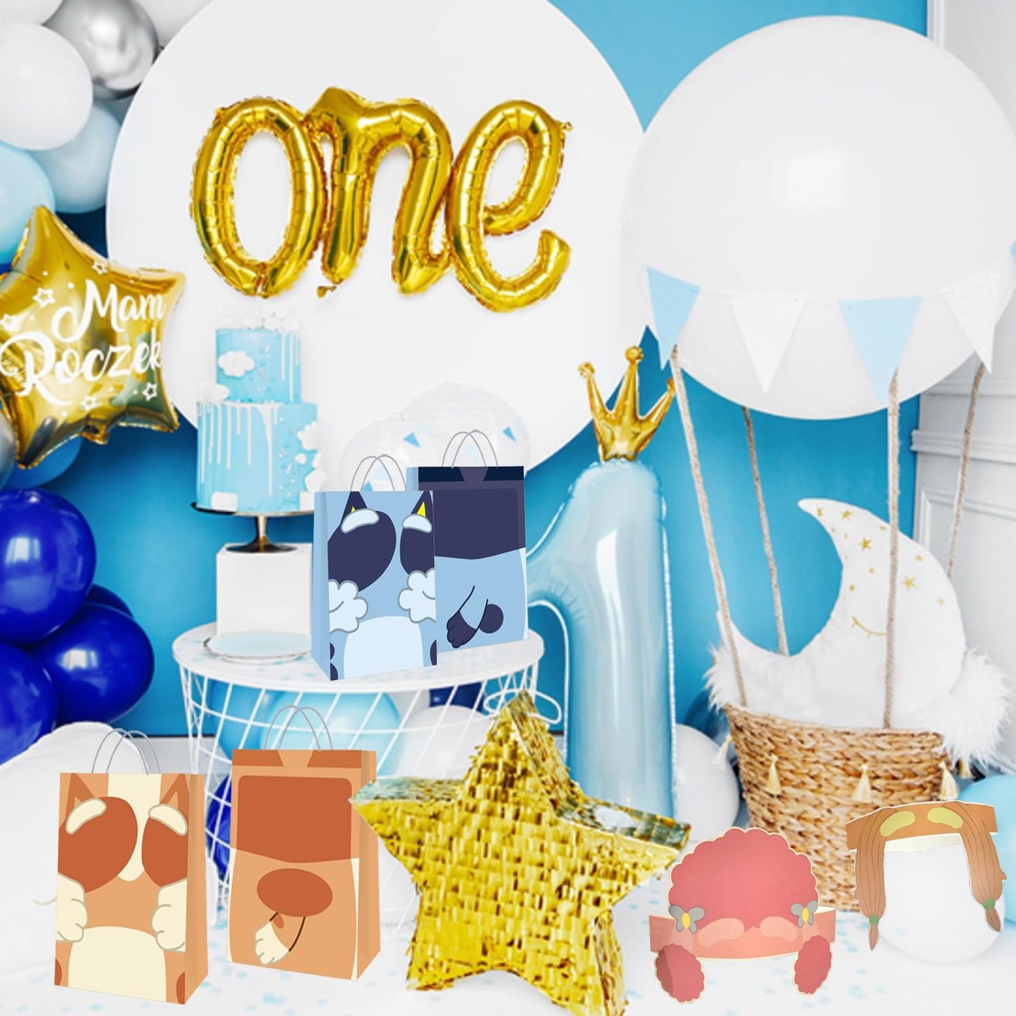 HANEI 36 Pcs Blue Dog Birthday Party Supplies - 18 Goodie Bags and 18 Blue Dog & Friends Paper Crowns Headbands Party Favors