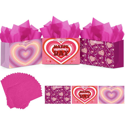 qiqee Heart Valentine Gift Bag with Tissue Paper Wide Medium Present Wrap Bags for Women Girlfriend Classroom Happy Valentine's Day (3 PCS Medium + Tissue Papers)