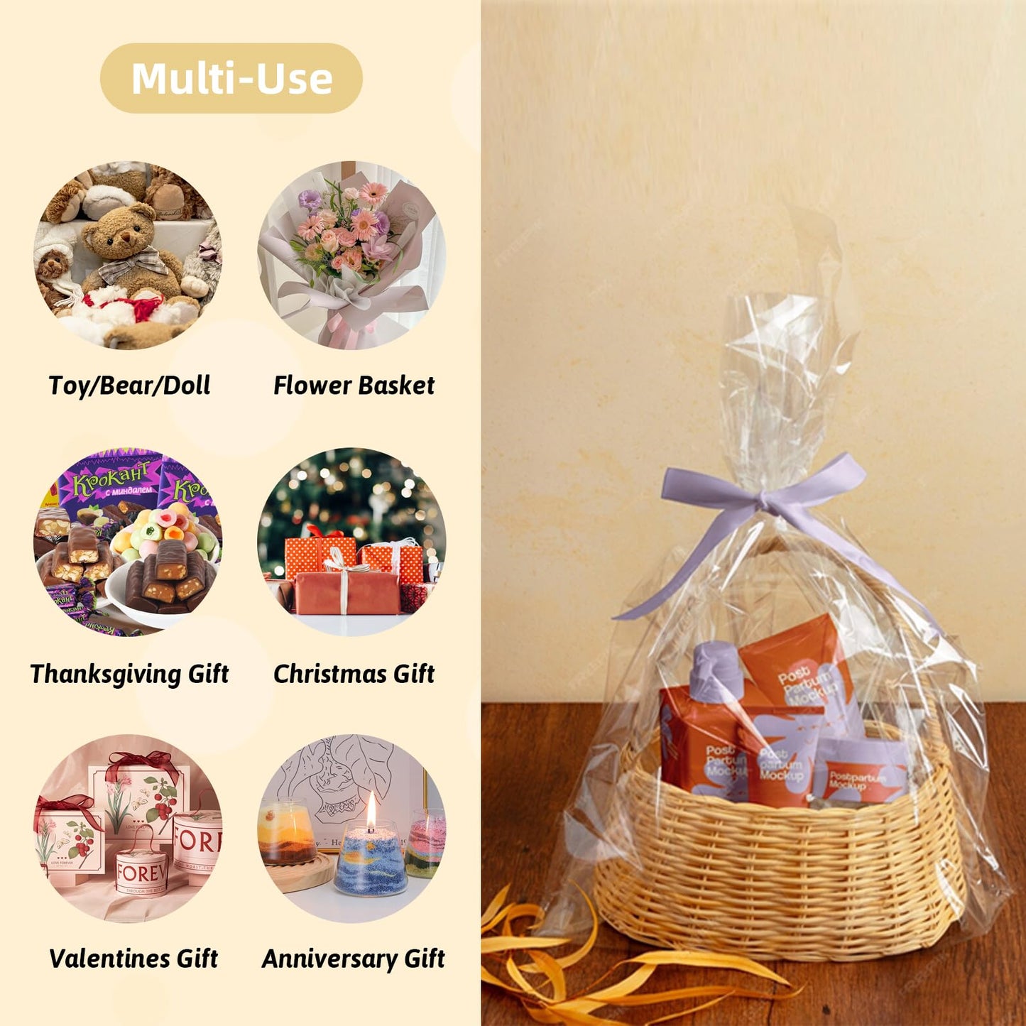 WIKDAY Cellophane Wrap for Gift Baskets 5 PCS 18x30 Inches Large Clear Cello Gift Bags with Ties Plastic for Gift Giving, Packaging Products