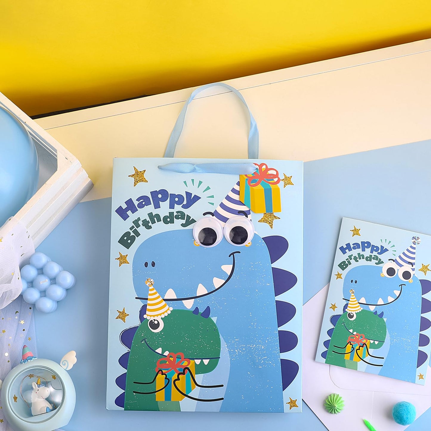 Loveinside Dinosaur Birthday Gift Bag Set, Medium Bag with Tissue Paper, Greeting Card and Tag, Blue Birthday Dinosaur Design, 10" x 5" x 13", 1 Pcs