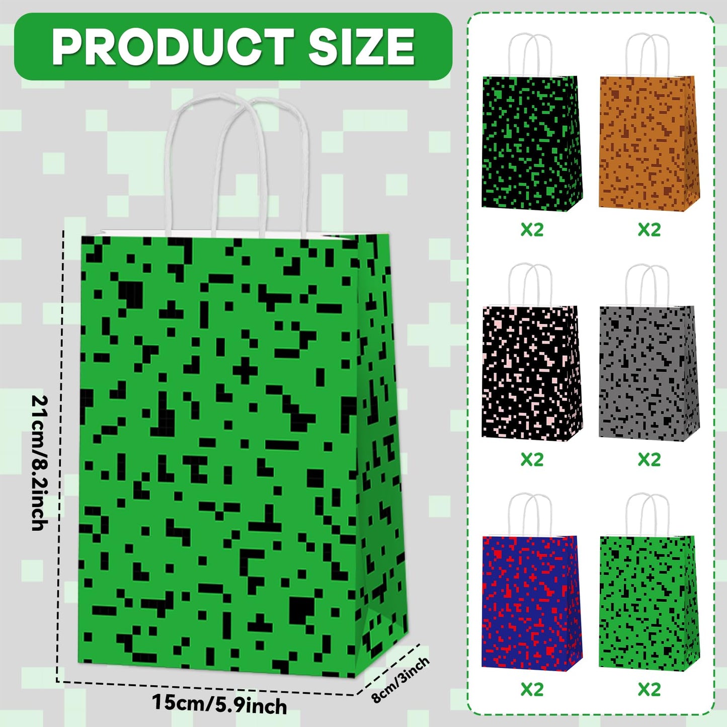 12 PCS Pixel Party Favors Bags Video Game Themed Paper Treat Bags with Handles Pixelated Goodie Gift Bag for Boys Girls Video Game Happy Birthday Baby Shower Party Decoration Supplies