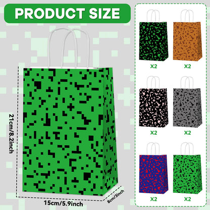 12 PCS Pixel Party Favors Bags Video Game Themed Paper Treat Bags with Handles Pixelated Goodie Gift Bag for Boys Girls Video Game Happy Birthday Baby Shower Party Decoration Supplies