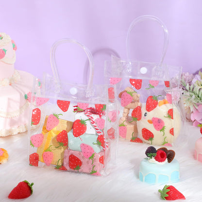 Kolldenn 24 Pcs Strawberry Gift Bags Transparent Plastic PVC Bags with Handles Strawberry Party Favor 5.9" x 2.8" x 6.3" Shopping Handbags Candy Themed Goodie Holder Supplies Birthday Treat