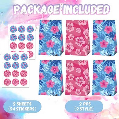 24 Pcs Cute Cartoon Pink Blue Hibiscus Party Gift Bags with Stickers Hawaiian Party Favors Paper Goodie Bags for Hawaiian Tropical Birthday Supplies(24Pcs-bags)