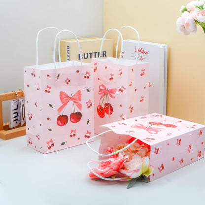12pcs Cherry Gift Bag, Pink Bow Medium Gift Bags with Tissue Paper, Cherry Party Decorations for Birthday Bridal Shower Baby Shower Wedding Party Favor Bags (8.27 x 6.3 x 3.15 inch)