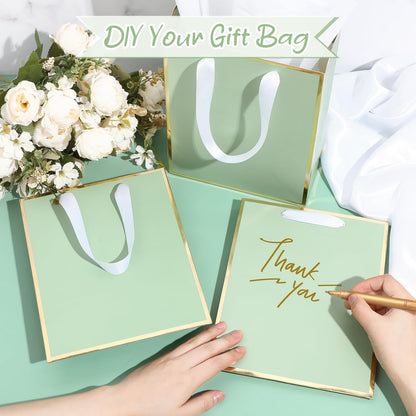 Yeaqee 10 Pack Metallic Paper Gift Bags with Handle Tissue Paper Thank You 5 Senses Gift Bag for Birthday Wedding Baby Shower Groomsmen Bridal Graduation Party Favor 9 x 7 x 3.15''(Sage Green,Gold)