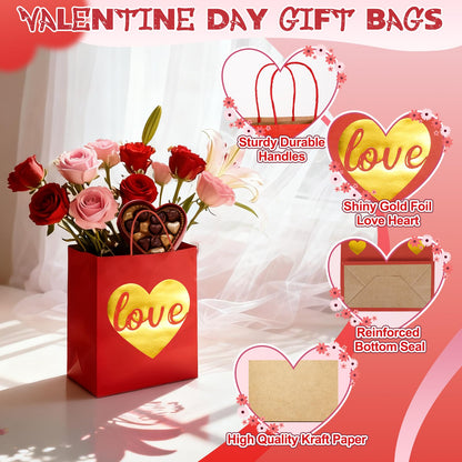 FOGWOWO 24 Pcs Valentines Gift Bags with Foiling Gold Heart in Red Gift Bags Valentines Bags Love Gift Bag Kraft Paper with Handles Goodie Bag for Wedding Birthday Holiday Party Wrapping Supplie