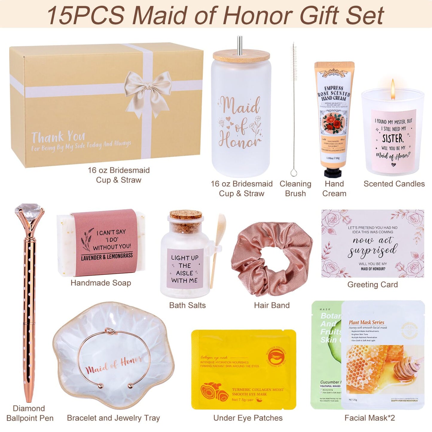 Ithmahco 15 PCS Maid of Honor Proposal Gifts, Will You Be My Maid of Honor Gifts from the Bride, Bridal Shower & Pre Wedding Spa Self Care Gift Box Set