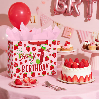 Loveinside 13" Large Berry 1st Birthday Gift Bag, Sweet Pink Strawberry Theme Gift Bag with Tissue Paper for Baby Girl First Birthday, New Born Baby Shower, Party Favor, 13" x 5" x 10", 1 Pcs