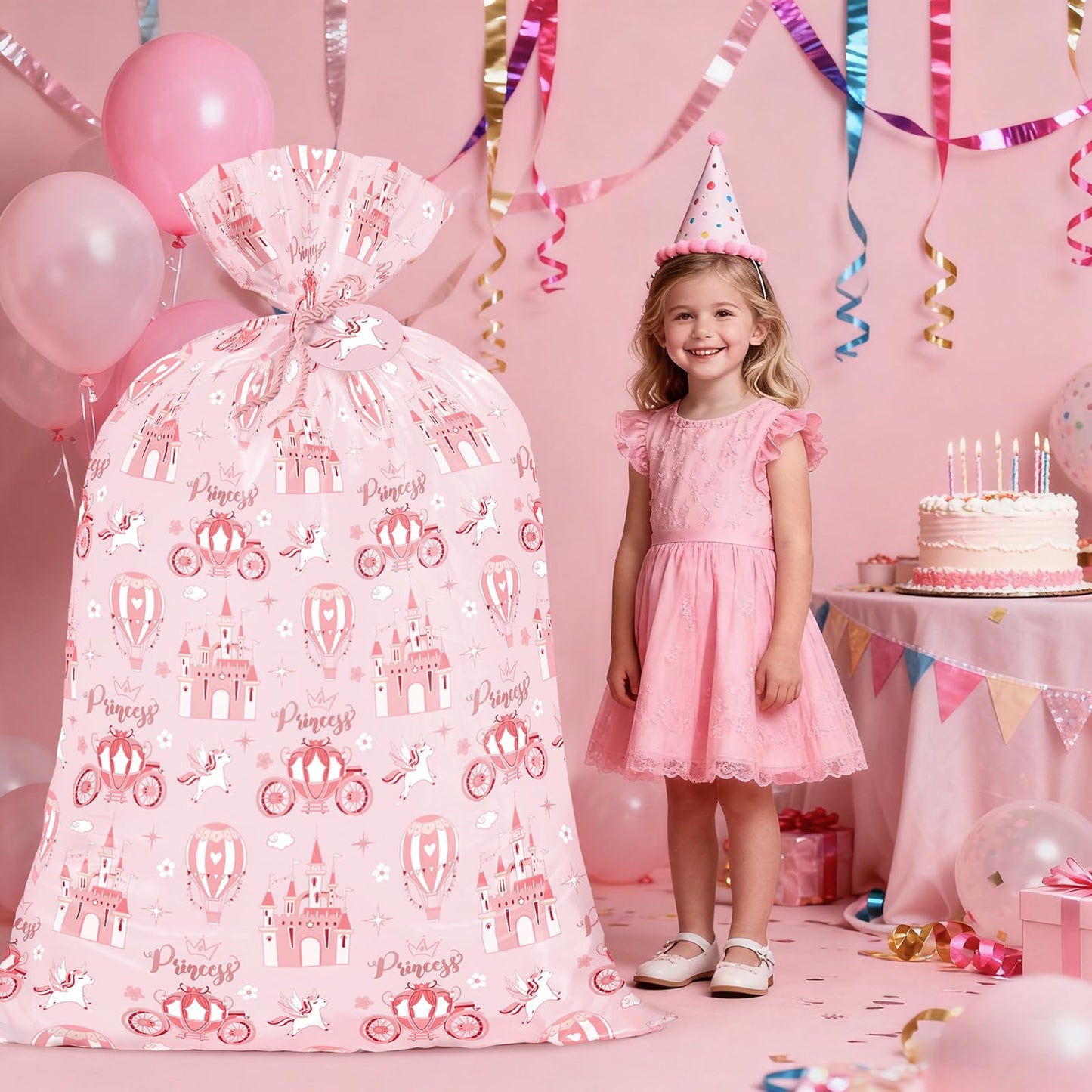 WRAPAHOLIC 56" Extra Large Princess Plastic Gift Bag - Princess Castle Design Pink Jumbo Bike Bag Gift Wrap for Kids Girls Birthday and Baby Girl Shower - 56" H x 36" W