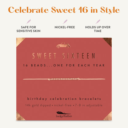 Lucky Feather Sweet 16 Gifts for Girls | 16th Birthday Bracelet Gift Idea for 16 Year Old | 16 year old girl gifts on Adjustable Cord | 16th birthday gifts for girls | Silver, Gold, Rose Gold Dipped