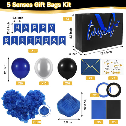 Epoesch 5 Senses Gift Bags for Him with Labels & Tissue Paper | Happy Birthday Decorations Kit with Banner, Balloons, Rose Petals, Envelope, Card for Men, Boyfriend, Husband(Black - Blue lettering)