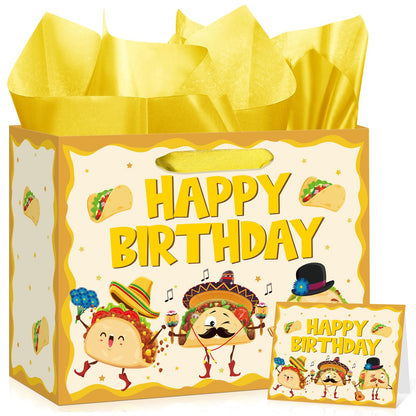 Funny Taco Birthday Gift Bag Cute Mexican Fiesta Birthday Wrapping Paper Gift Bag with Card and Tissue Paper for Kids Adults Taco Bout a Baby Baby Shower Bday Cinco de Mayo Celebration