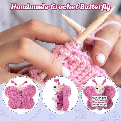 Pink Crochet Butterfly Birthday Gift for Her, Handmade 4" Amigurumi Plush with Positive Sign, Cute Desk Decor, Small Stuffed Butterfly