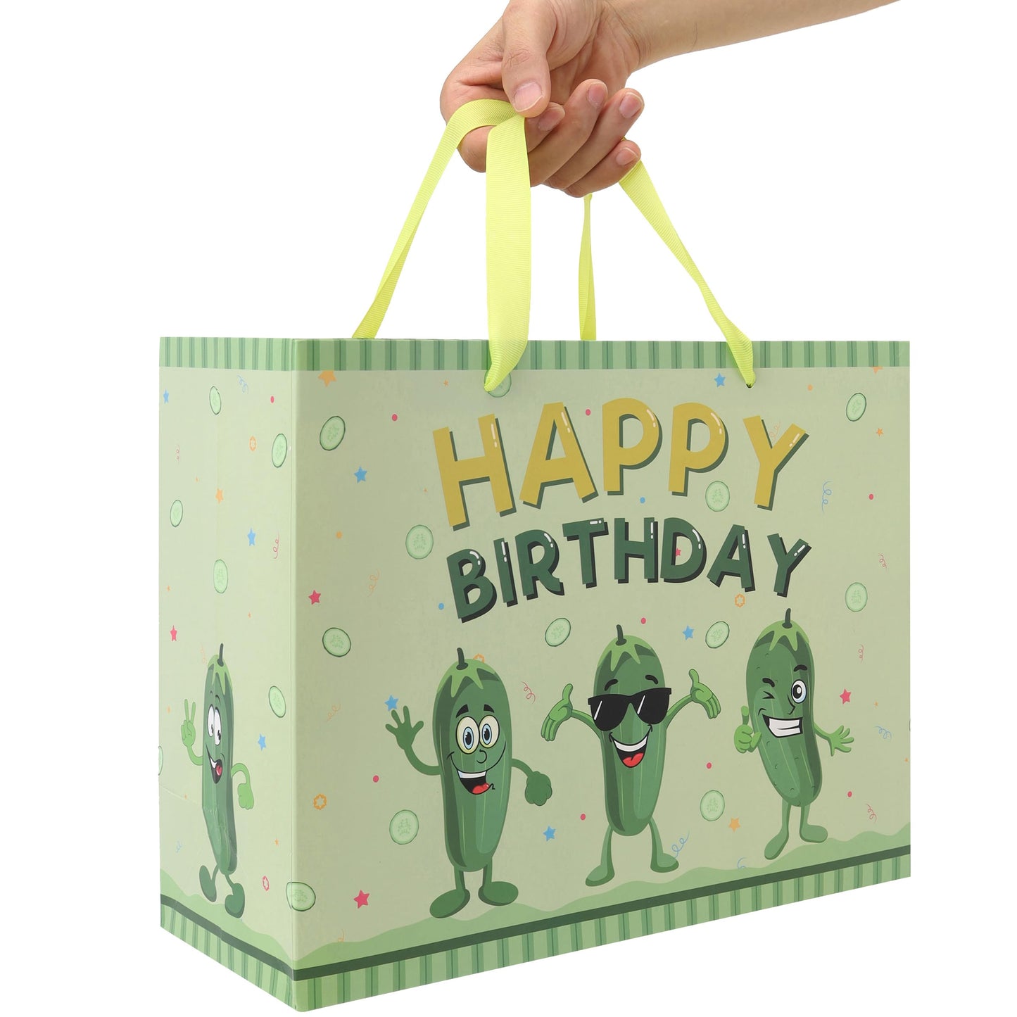 13'' Large Pickle Birthday Gift Bag Set with Handles, Greeting Card, Green Tissue Papers and Stickers for Women Boys Girls Kids Teens for Cucumber Birthday, Baby, Men, Vegetable Themed Design, 1 Pcs