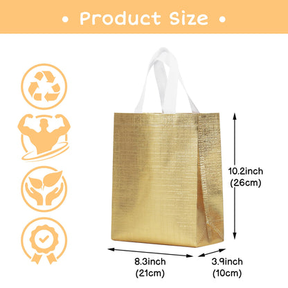 cabzymx Gold Small Reusable Gift Bags with Metallic Design, 25 Pcs Return Gift Bag Bulk for Wrapping Gifts, Birthday, Wedding, Parties-10.2x3.9x8.3 In