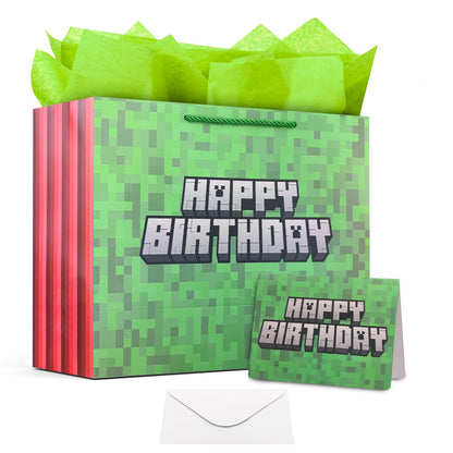 Dvngrt Birthday Goodie Bags,Pixel Party Favor Bags with Tissue Paper Greeting Card Envelope for Birthday Party