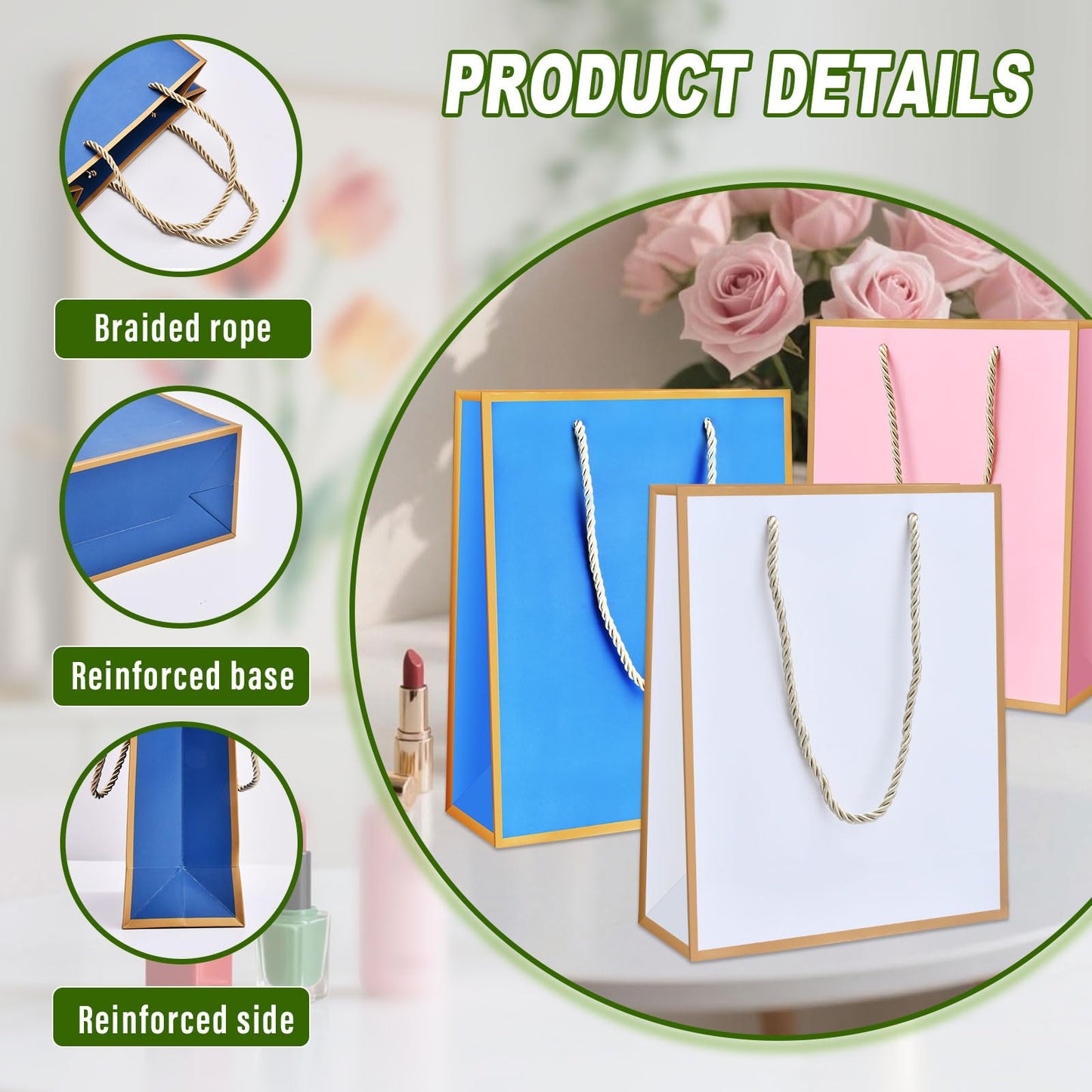 24Pack Medium Gift Bags with Handles,White Birthday Gift Bag 7,08'' x 3.14'' x 9.05',Welcome Bags Return Gifts with Golden Edge Design,Thank you Gifts Bag for Christmas Vacation Wedding Bridesmaid