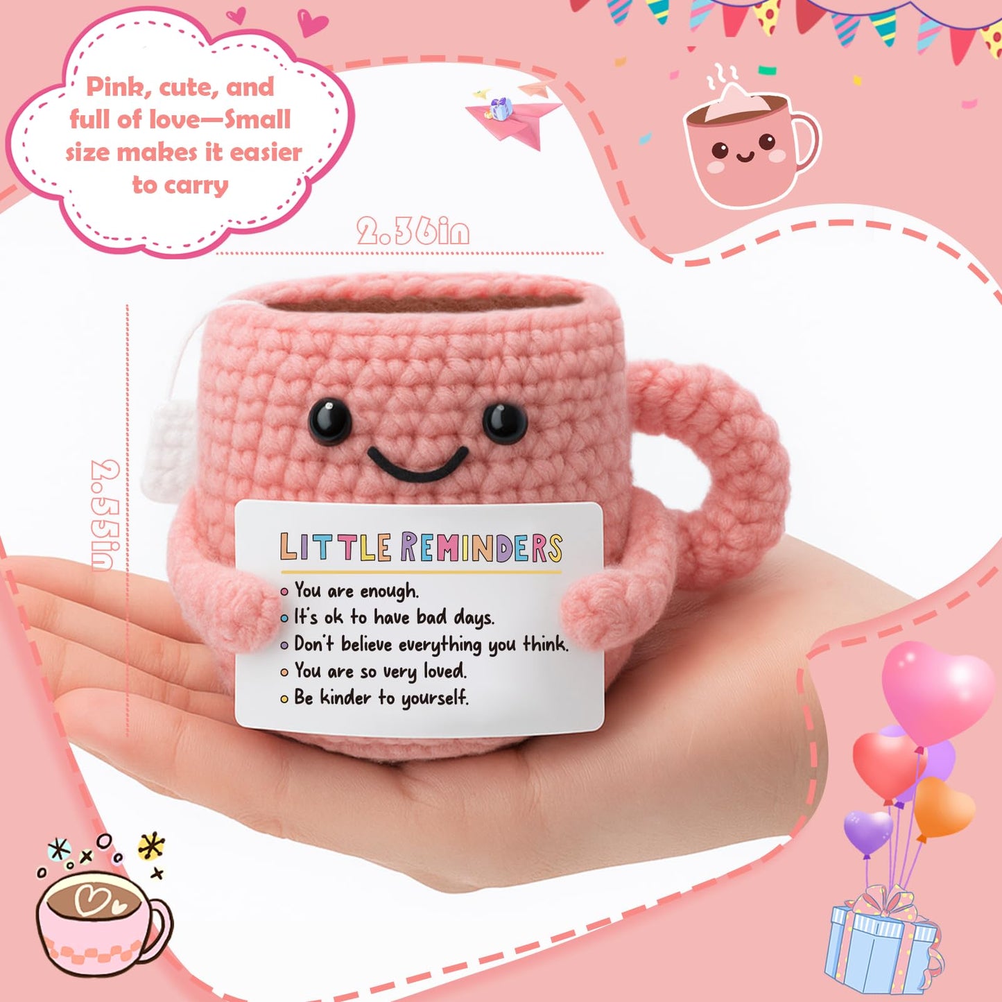 Cute Crochet Teacup - Mental Health Gifts with Positive Affirmations for Anxiety Relief - Cute Self Care, Encouragement Gift for Women, Friends - Little Reminders Desk Buddy