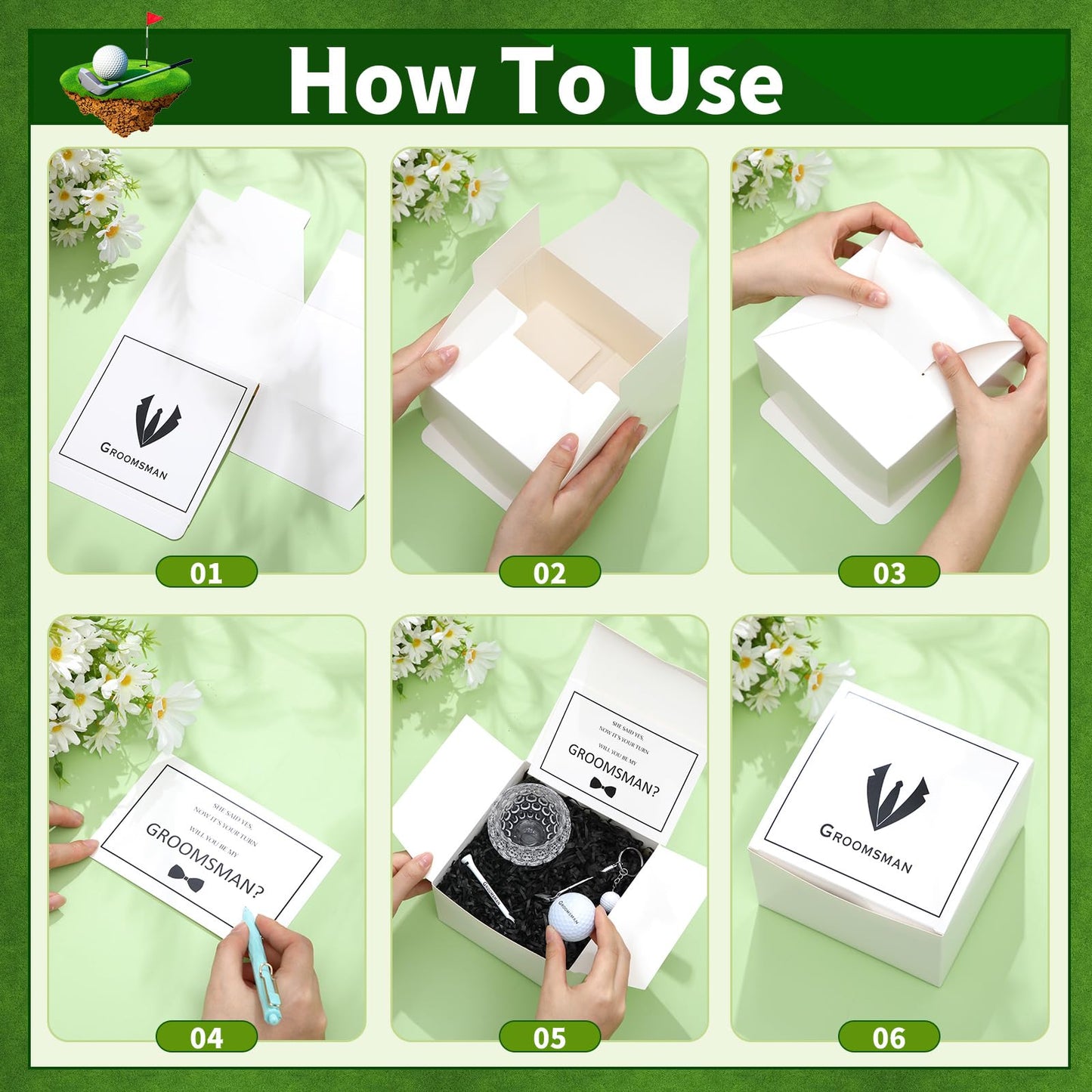 Funnymoom 36 Pcs Golf Groomsman Proposal Gift Box Set of 6, Golf Ball Tees Keychain Whiskey Glass with Invitation Cards Accessories for Wedding Best Men DIY Gifts