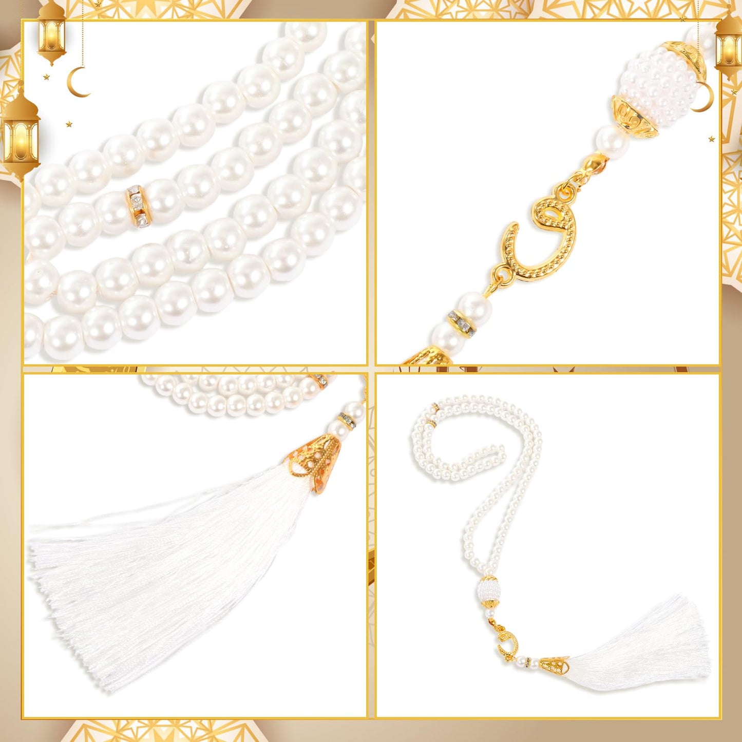 HOWAF Eid Gifts Set with Mosque Shape Card & Prayer Beads, Ramadan Mubarak Greeting Card with Envelope and Ramadan & Eid Pearl Zikirmatic Beads with Box, Islamic Present for Women, Muslim Celebration Gift Set