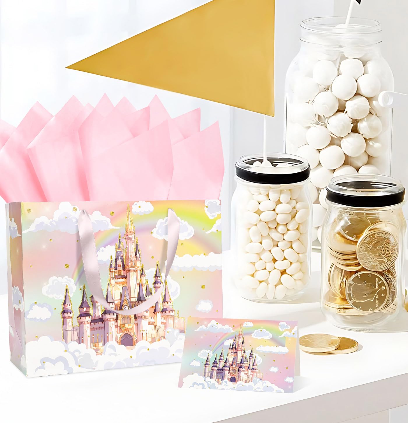 MUNILAIL 13 Inches Castle Gift Bag for Girls Large Gift Bag with Handle Tissue Paper and Greeting Card for Kids Birthday Princess Themed Party Large Paper Gift Bag