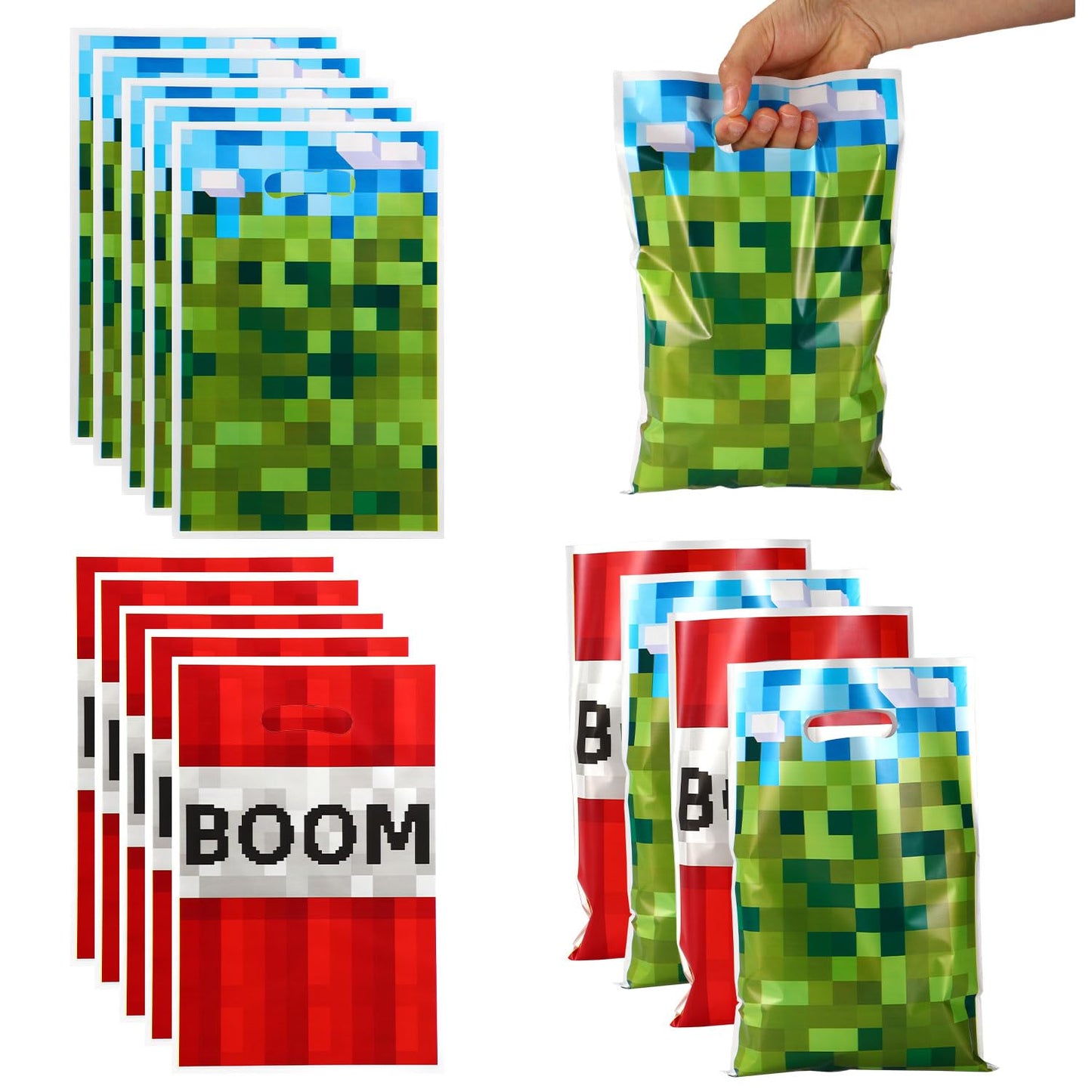 50pcs Party Favor Bags, Pixel Video Game Theme Gift Treat Bags Boom Plastic Candy Snack Bag with Handles for Kids Boys Girls Gamers Birthday Party Supplies (Blue, Green, Red)