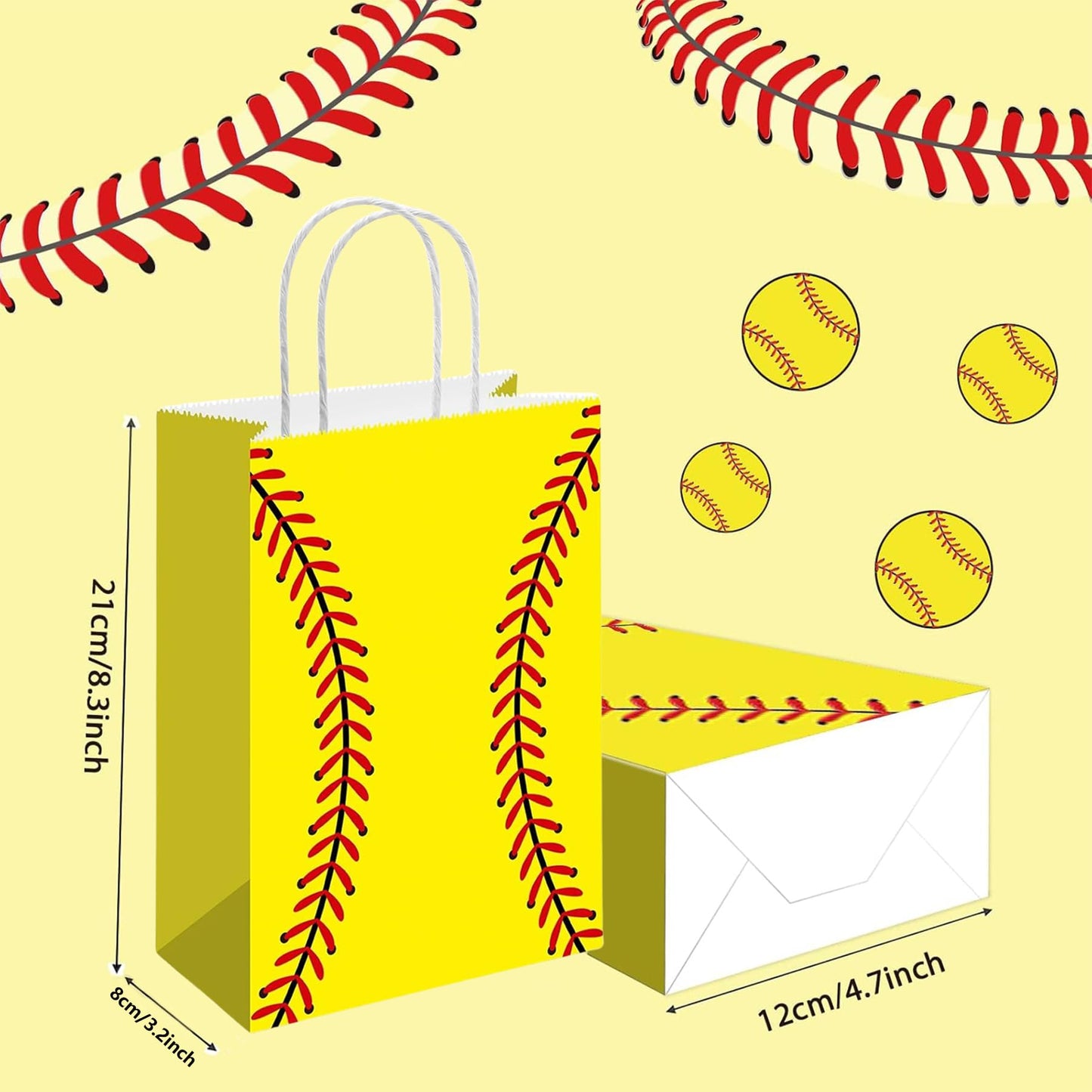 Rarapop 12 Pack Softball Gift Bags with Handle, Paper Snack Treat Goodie Bag for Softball Theme Party Favor Decorations Sports Birthday Celebration Supplies